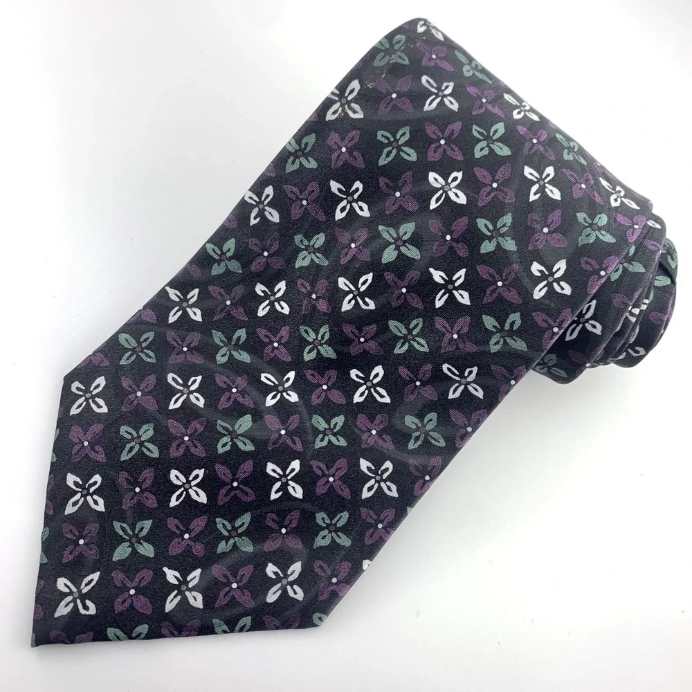 Christian Dior Monsieur Mens Tie Black & Purple Floral Pattern 100% Silk Necktie